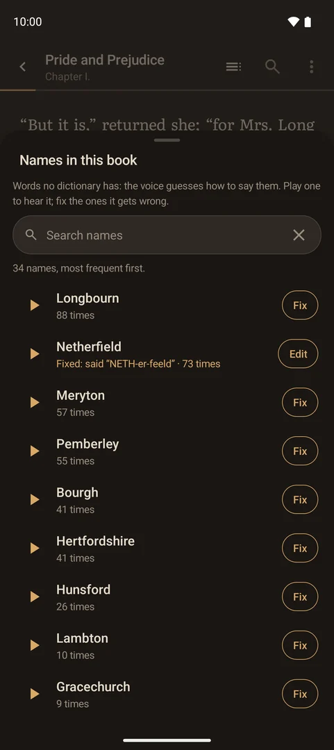 Nomes neste livro: Longbourn, Netherfield, Meryton e outros, os mais frequentes primeiro, com um botão Corrigir ao lado de cada um (tela em inglês).