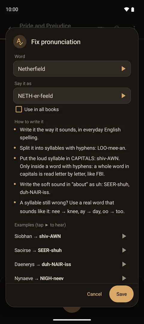 Corrigir pronúncia: Netherfield, dito como NETH-er-feeld, com dicas de como escrever uma pronúncia (tela em inglês).