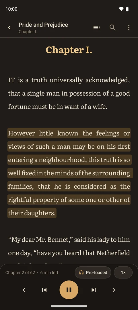 Orgulho e Preconceito, de Jane Austen, lido em inglês, a frase destacada (tela em inglês).