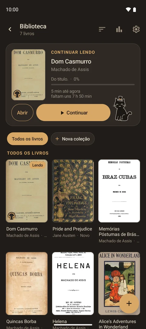 A biblioteca: o cartão Continuar lendo de Dom Casmurro, com o gato sentado nele, e as capas dos outros livros abaixo.