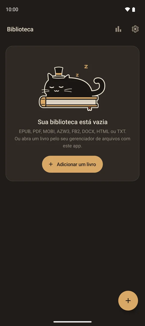 A biblioteca vazia, com o gato dormindo em cima de um livro e o botão Adicionar um livro.