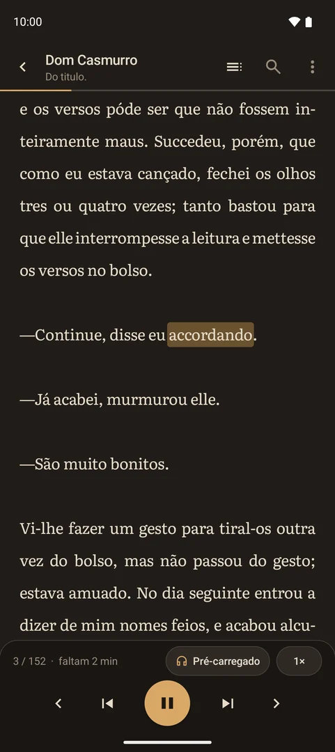 A palavra que está sendo dita, destacada na página de Dom Casmurro.