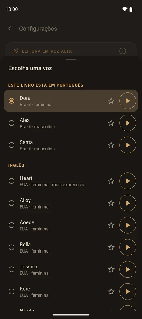 Escolha uma voz: Dora, Alex e Santa primeiro, para um livro em português, e as vozes em inglês abaixo, cada uma com um botão para ouvir.